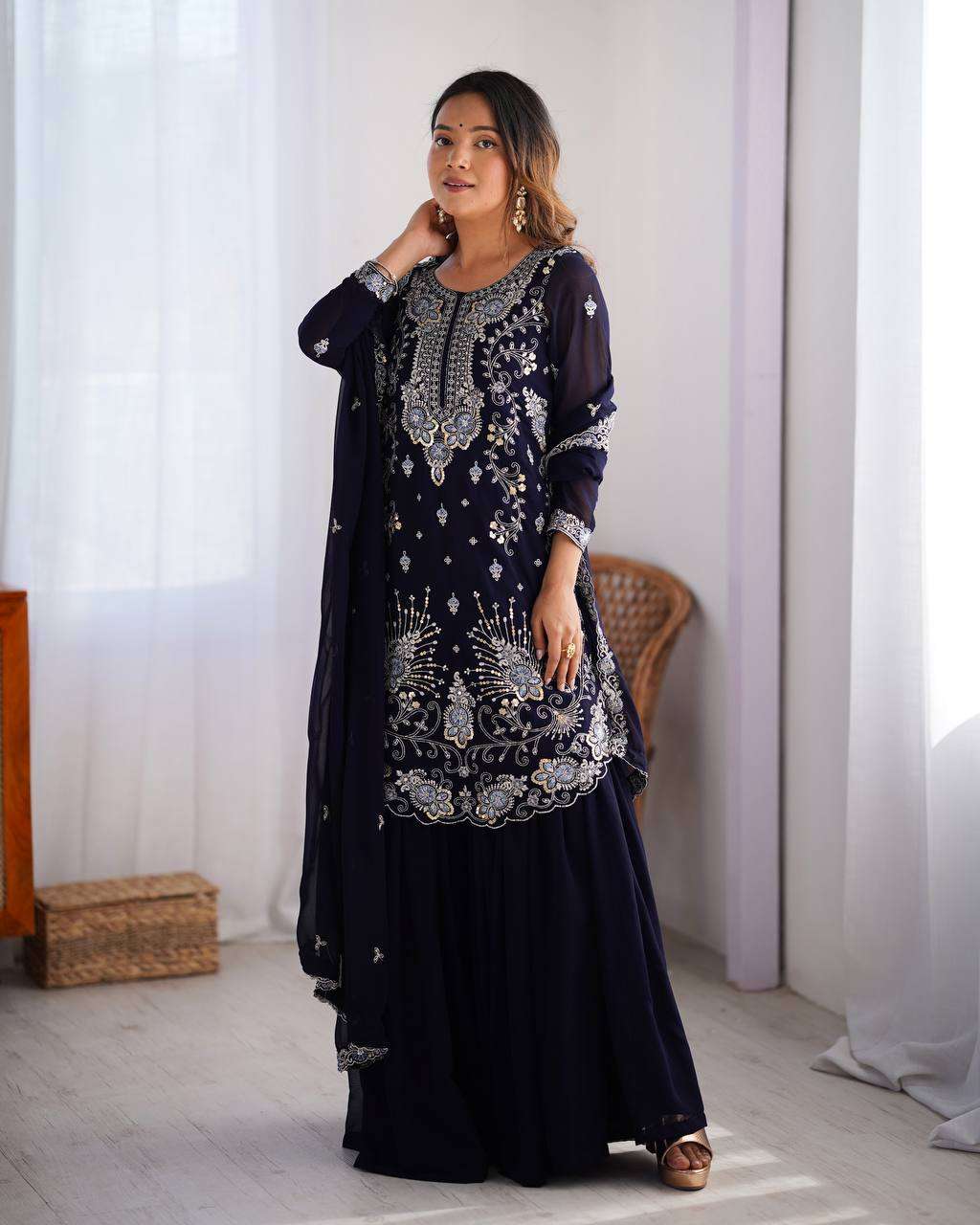 Women's Faux Georgette Sequins & Thread Work Straight Kurta With Sharara Suit and Dupatta Set - Image 4