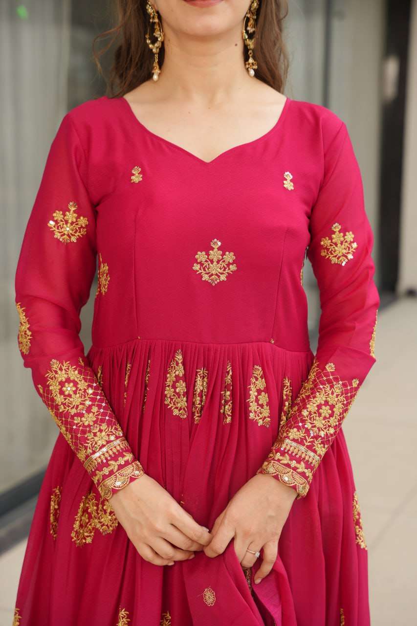 Womenโs Ethnic Anarkali Style Floor-Length Gown in Magenta with Golden Zari Embroidery โ Festive & Wedding Wear - Image 9