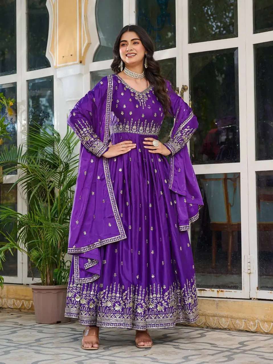 Women's American Silk Sequence Embroidery Long Anarkali Kurti (Gown) With Dupatta - Image 2